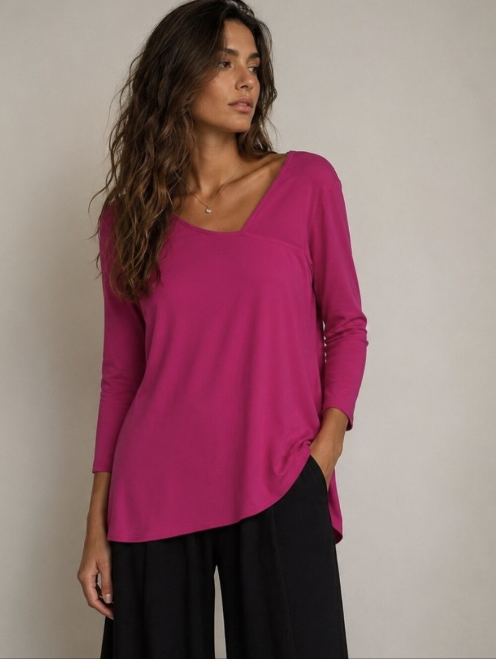 Joseph Ribkoff Pink Asymmetrical Blouse Tunic Top Stretchy Knit Pullover Size 8